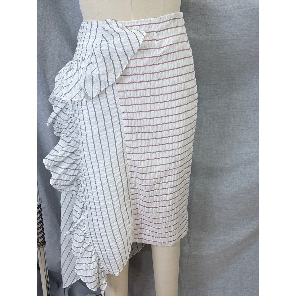 Anais Jourden Asymmetrical Ruffle Seersucker Striped‎ Midi Skirt Red White Blue